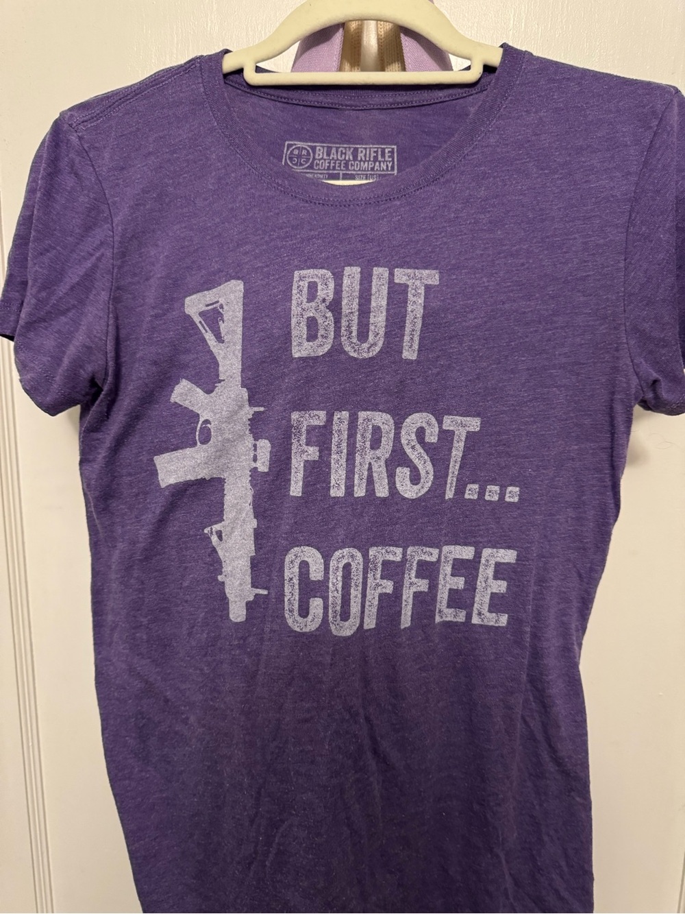 Black Rifle Coffee Company Women's Purple 'But First... Coffee' Short Sleeve Tee